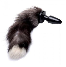 Tailz Grey Foxy Faux Fox Tail Butt Plug Black White - XRAD657